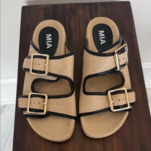 MIA Tan Woven Slide Sandals with Black Trim and Gold Buckles